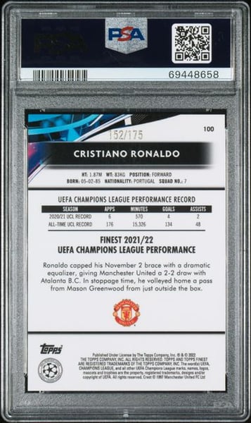 2021-2022 TOPPS FINEST UEFA CHAMPIONS LEAGUE #100 CRISTIANO RONALDO SPECKLE REFRACTOR PSA10