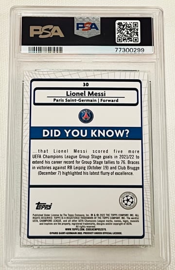 2021-22 Merlin Chrome UEFA Lionel Messi #30 Aqua Prizm Refractor PSA10