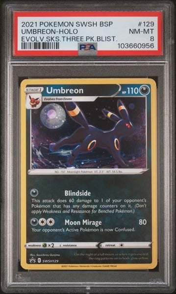 2021 POKEMON SWSH BLACK STAR PROMO #129 UMBREON-HOLO EVOLV.SKS.THREE.PK.BLIST. PSA8