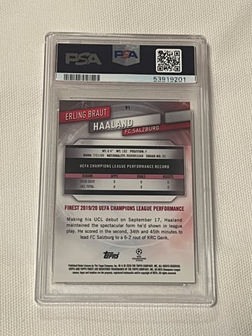 2019 Topps Finest UCL Erling Braut Haaland Base Rookie #91 PSA10