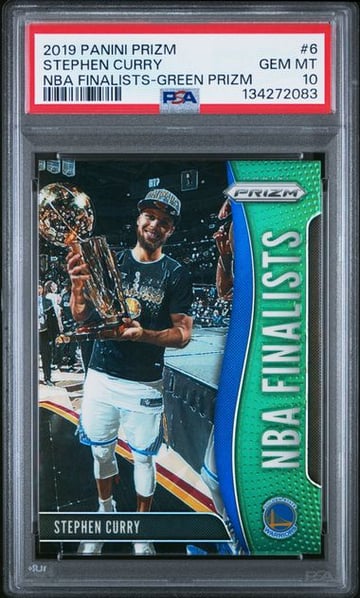 2019 PANINI PRIZM NBA FINALISTS #6 STEPHEN CURRY NBA FINALISTS-GREEN PRIZM PSA10