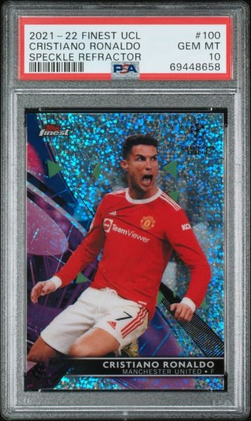 2021-2022 TOPPS FINEST UEFA CHAMPIONS LEAGUE #100 CRISTIANO RONALDO SPECKLE REFRACTOR PSA10
