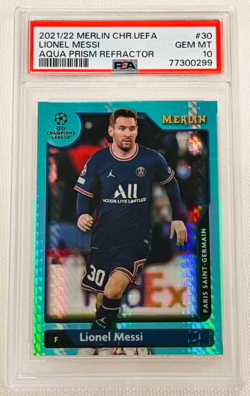 2021-22 Merlin Chrome UEFA Lionel Messi #30 Aqua Prizm Refractor PSA10